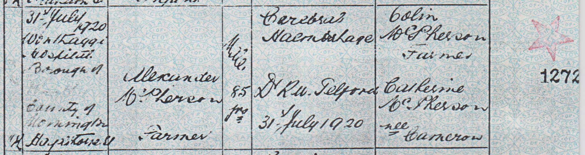 Alexander McPherson death certificate part 1