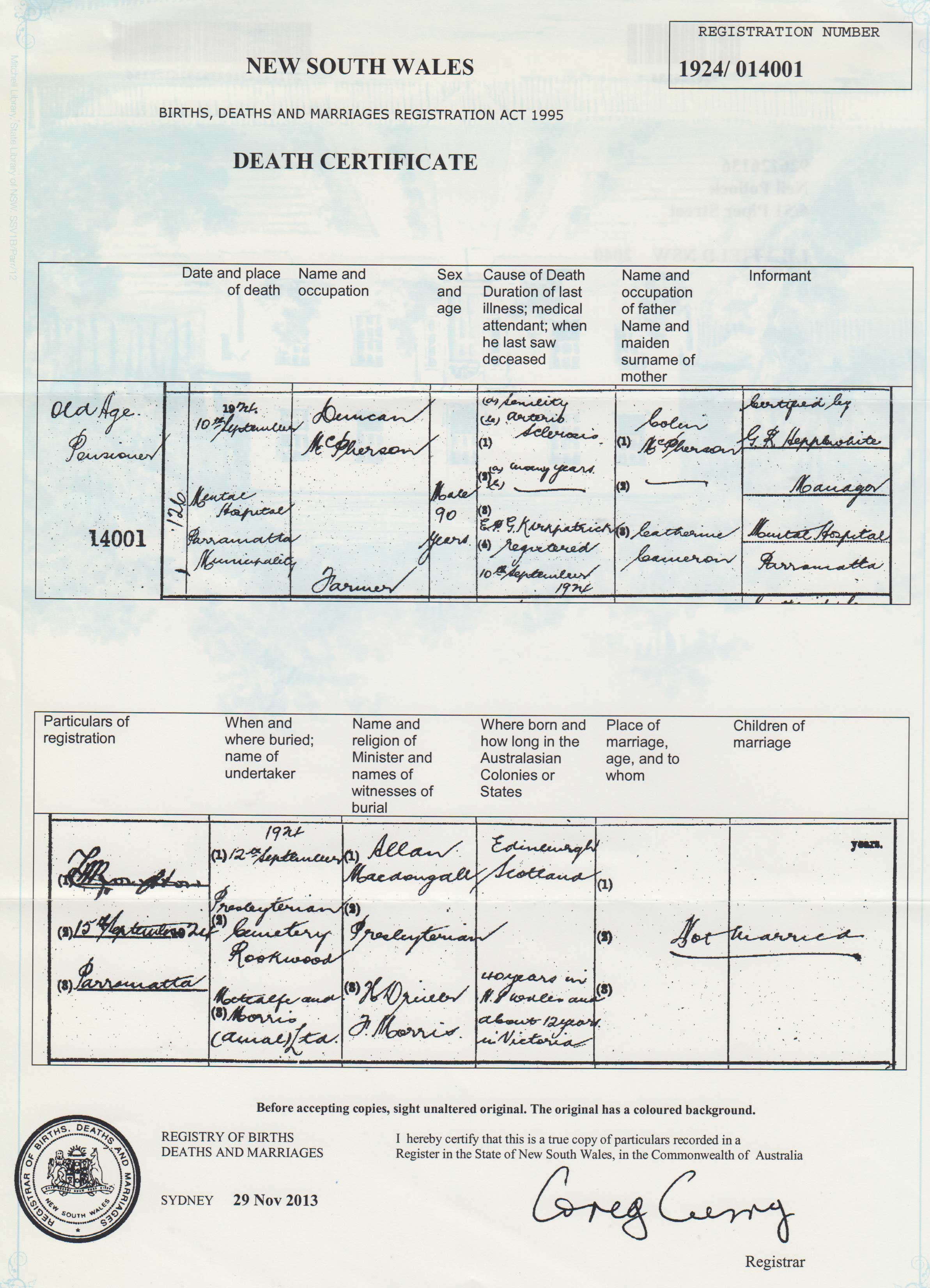 Duncan McPherson death certificate 1924
