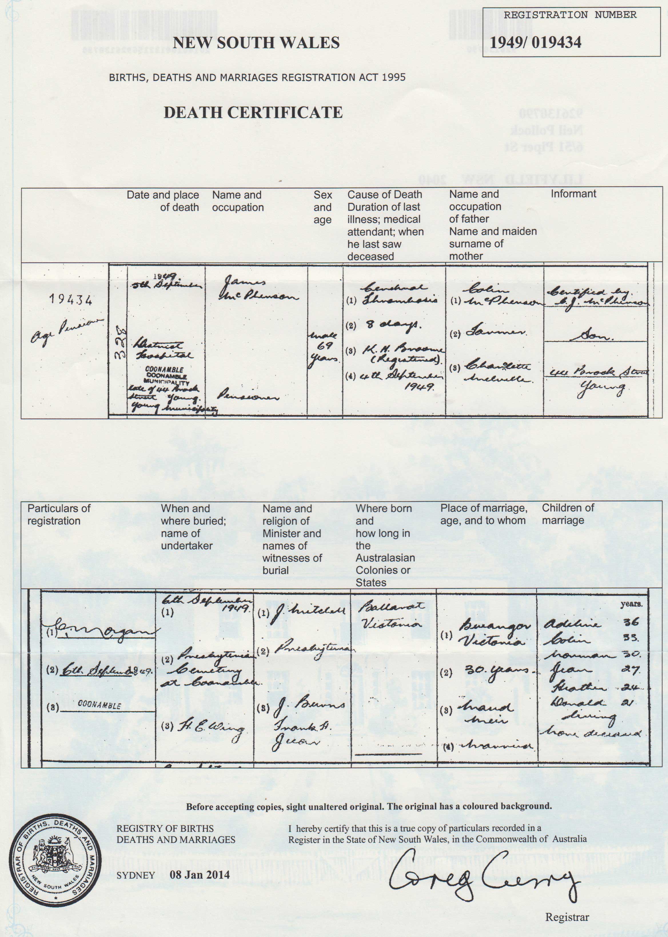 James McPherson death certificate 1949