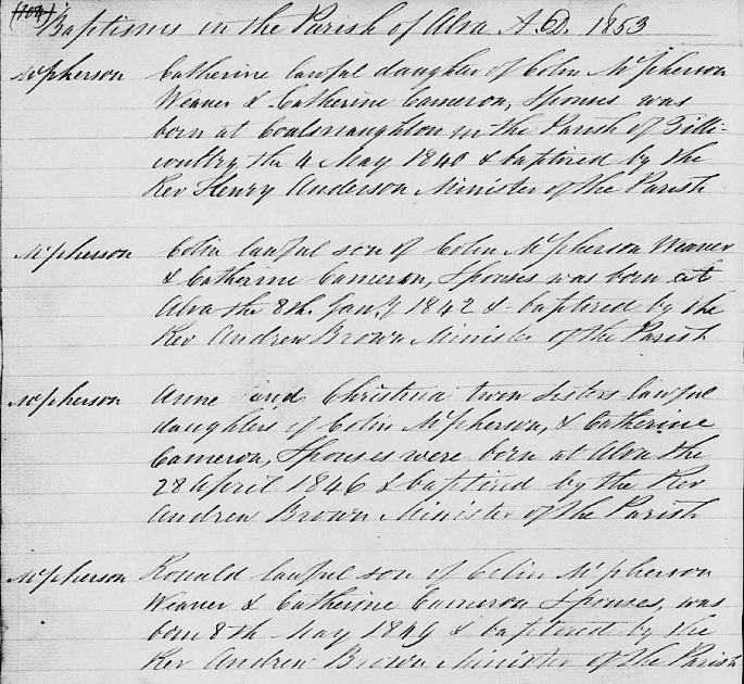 Baptism records of six McPherson Children, Alva 1853