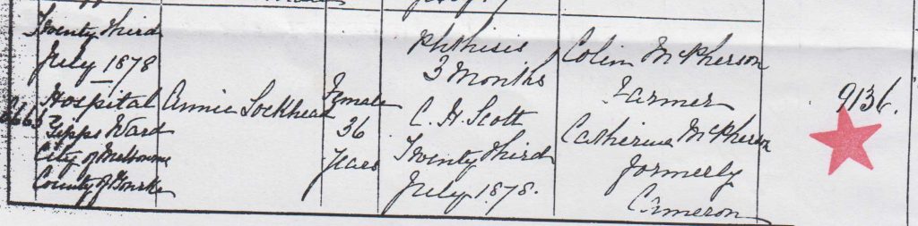 Annie Lockhead (nee McPherson) death certificate 1878