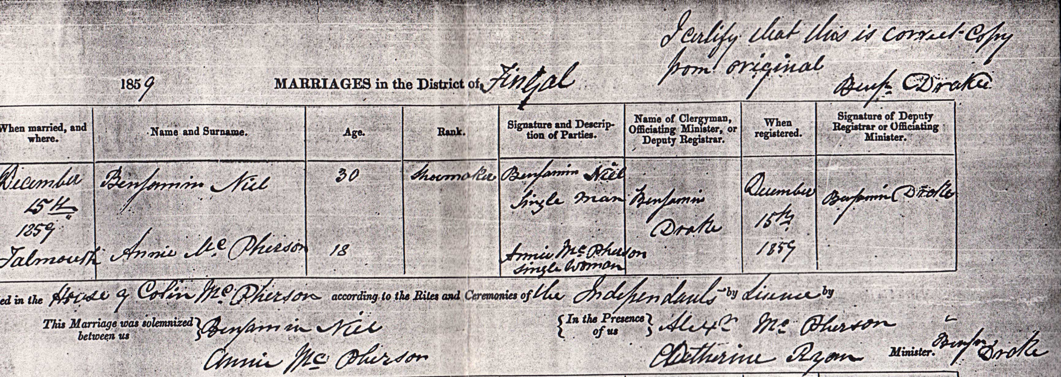 Annie McPherson marriage certificate 1859