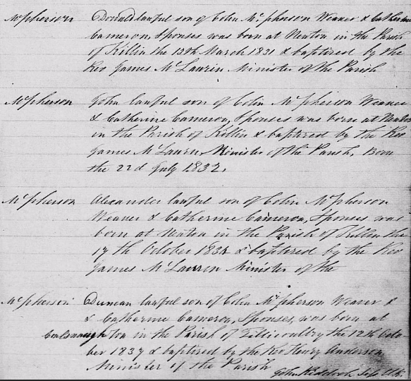 Baptism records of four McPherson children. Three born in Newton, Killin.