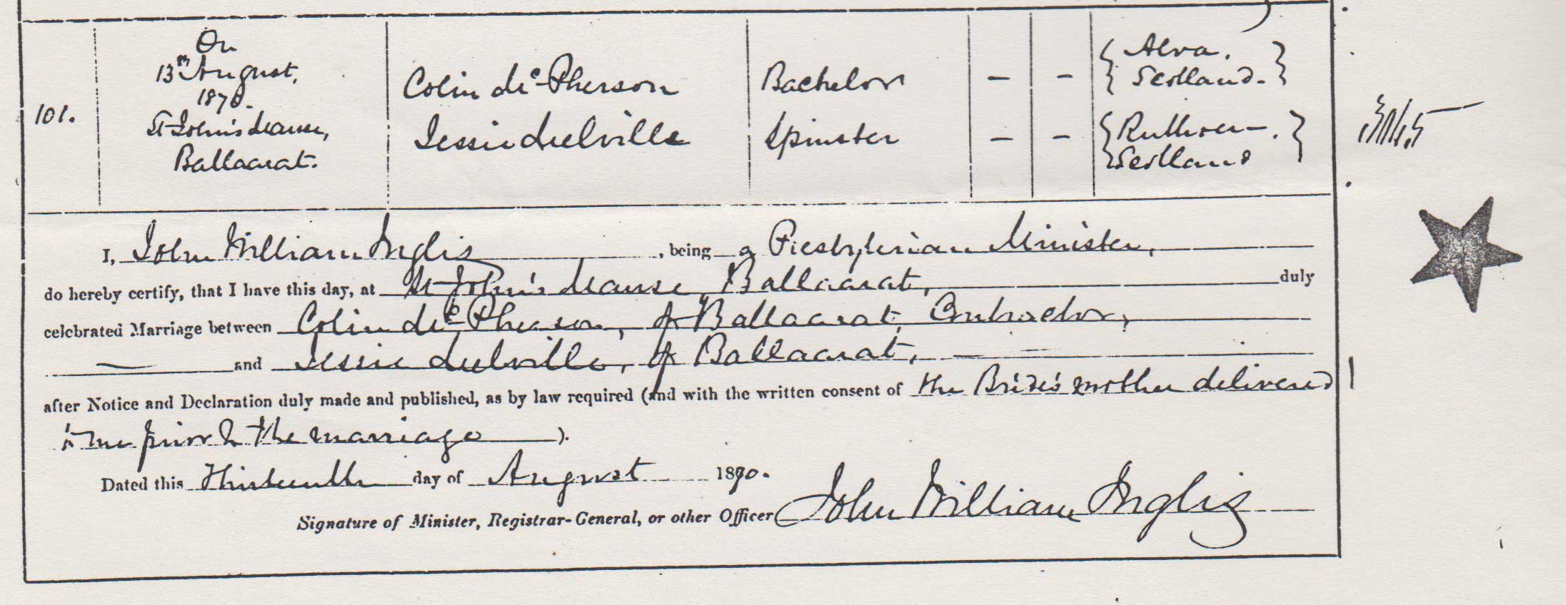 Colin McPherson and Jessie Melville marriage certificate part 1