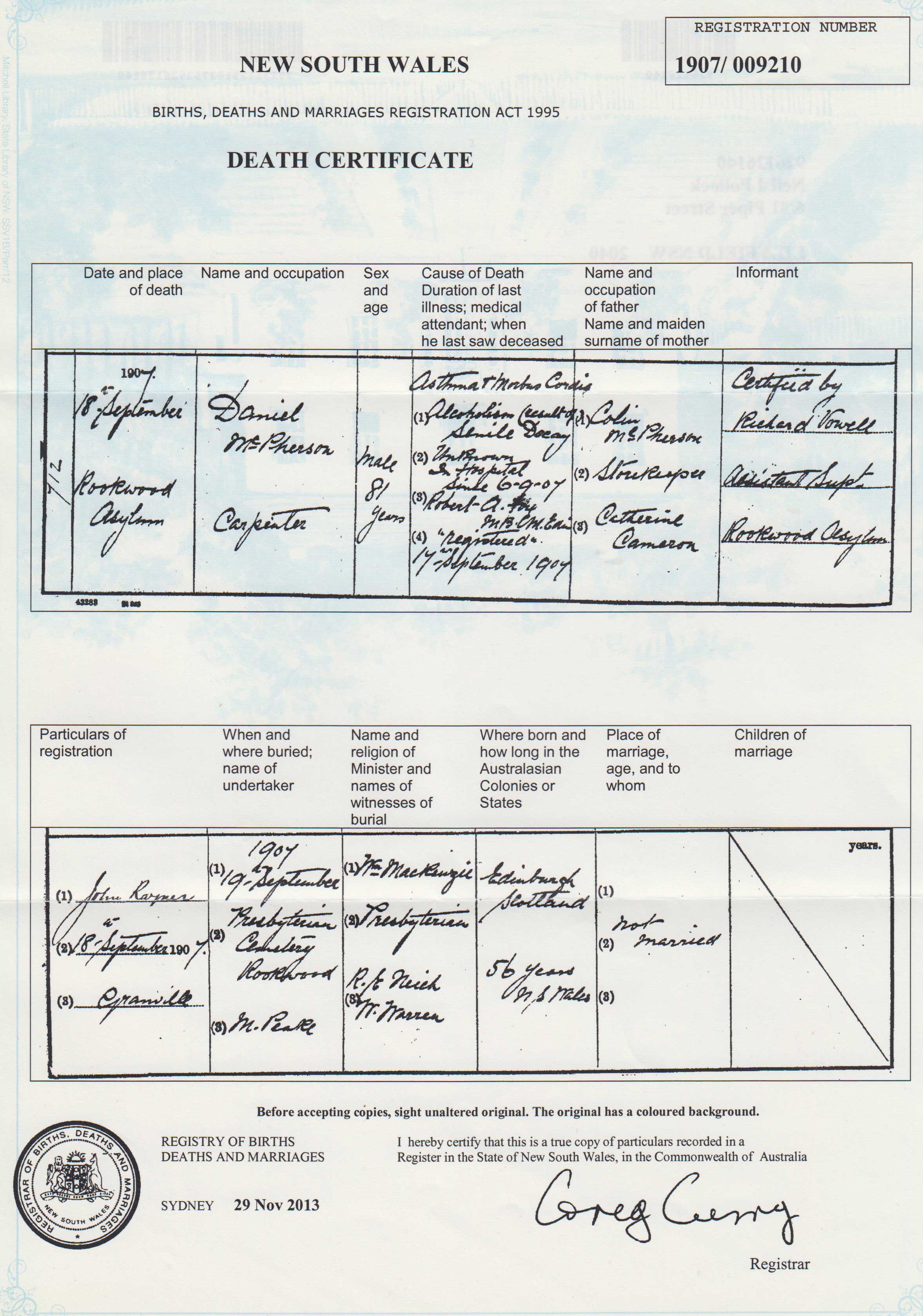 Daniel McPherson death certificate 1907