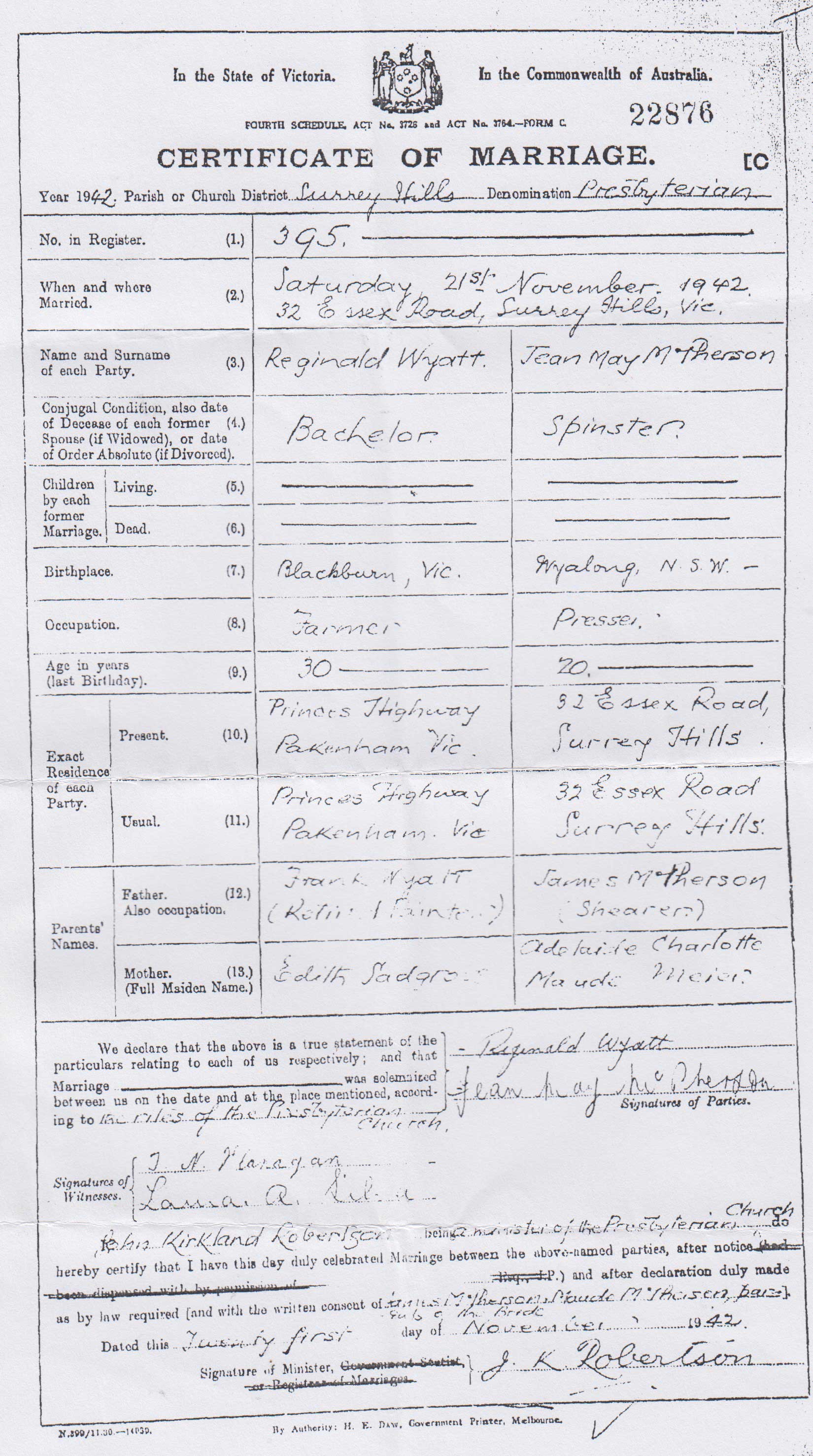 Jean McPherson marriage certificate