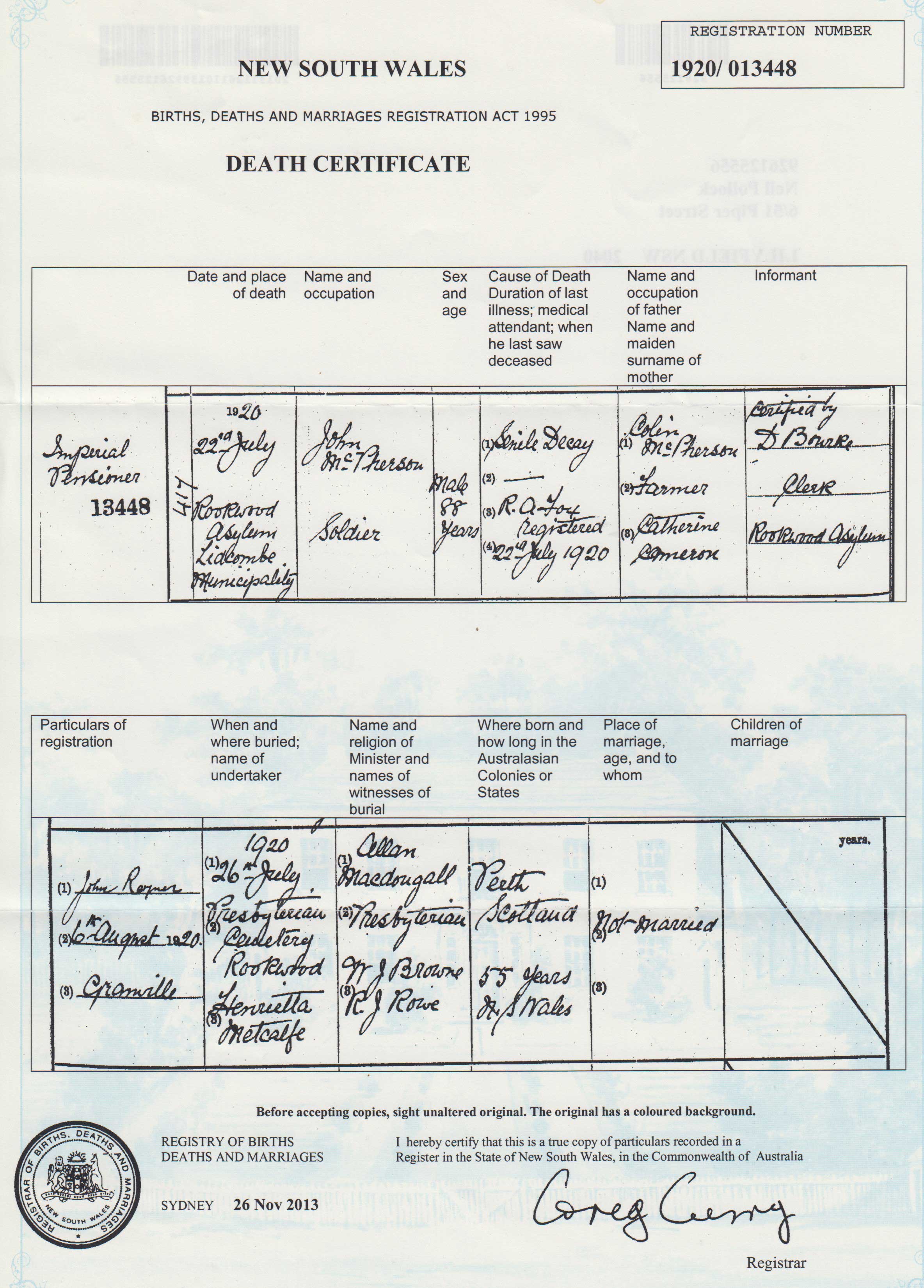 John McPherson death certificate