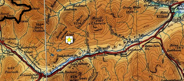 Map showing the road from Killin to Auchtertyre through Docharet Glen and Strathfillan